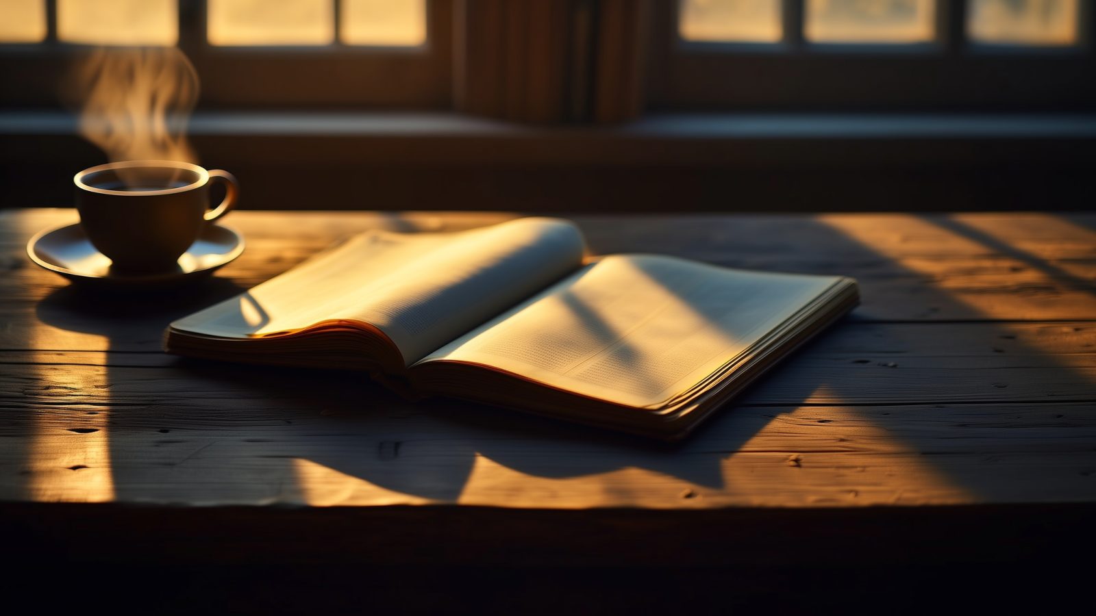 Sunlit journal and cup on a wooden desk, symbolizing quiet reflection and peace