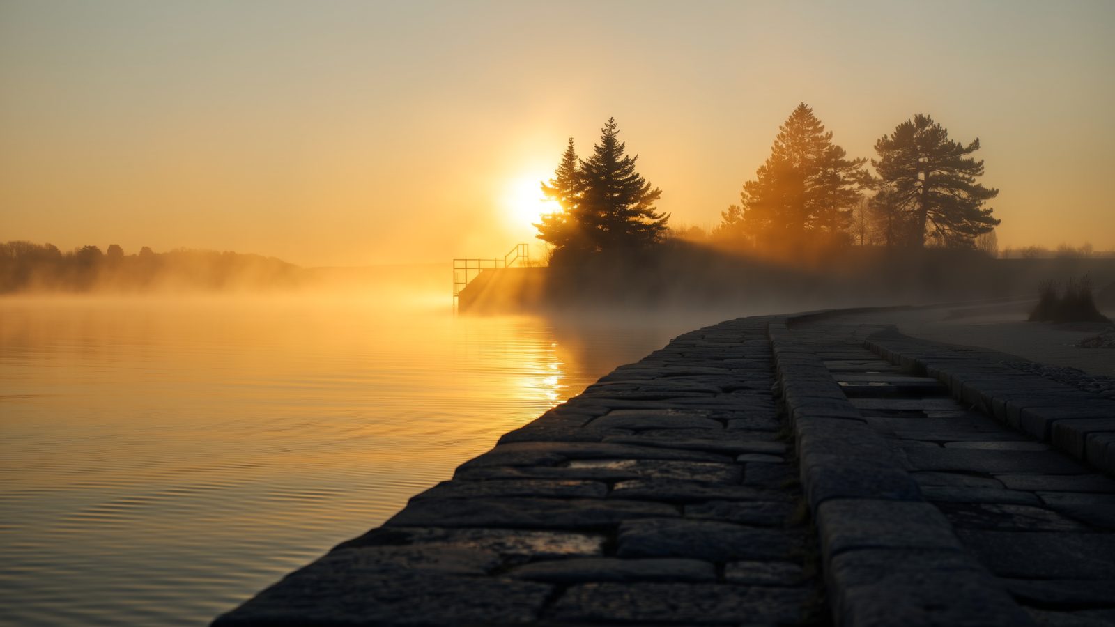 Golden sunrise over calm water with weathered stone pathway and evergreen trees in morning mist