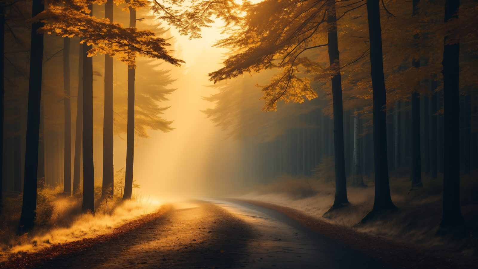 Sunlit forest path with mist and golden light filtering through trees